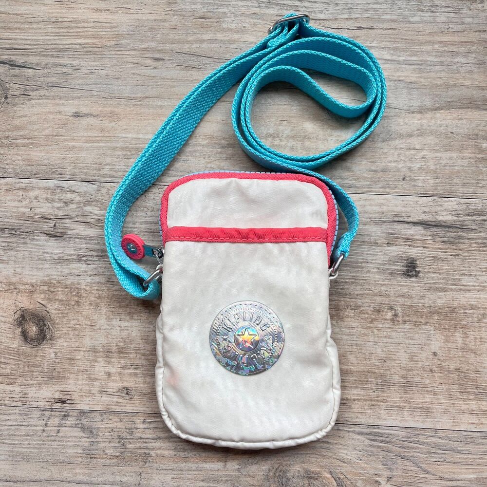 Kipling Tally Candy Metallic Nylon Phone Crossbody Bag Mini Teal White Pink
